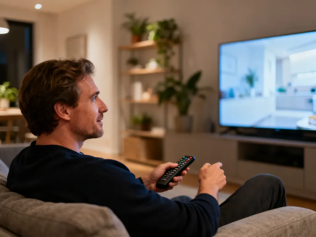 Mężczyzna siedzący na kanapie w salonie i obsługujący telewizor pilotem, przygotowujący się do oglądania Disney+.