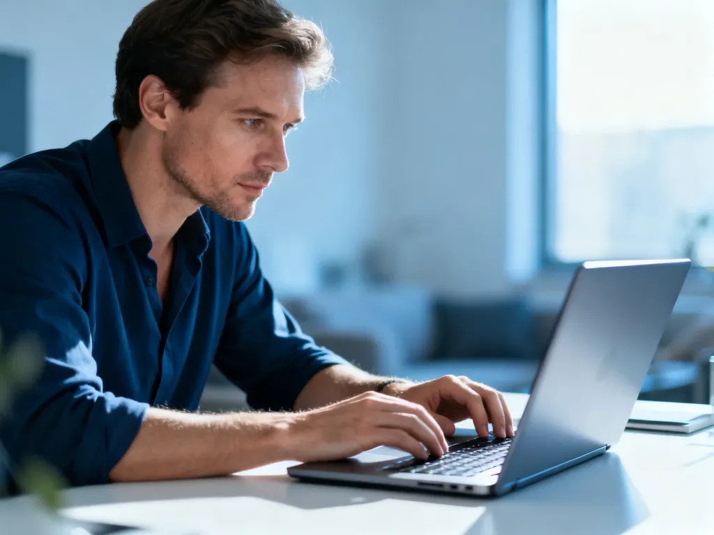 Mężczyzna pracujący przy laptopie w nowoczesnym biurze domowym, skupiony na obsłudze konta online.