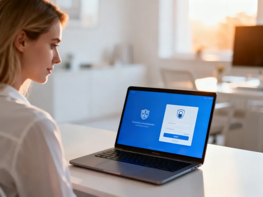 Kobieta logująca się do bezpiecznego panelu e-faktury na laptopie w nowoczesnym domowym biurze.