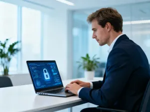 Mężczyzna pracujący przy laptopie w nowoczesnym biurze, skupiony na obsłudze poczty elektronicznej.