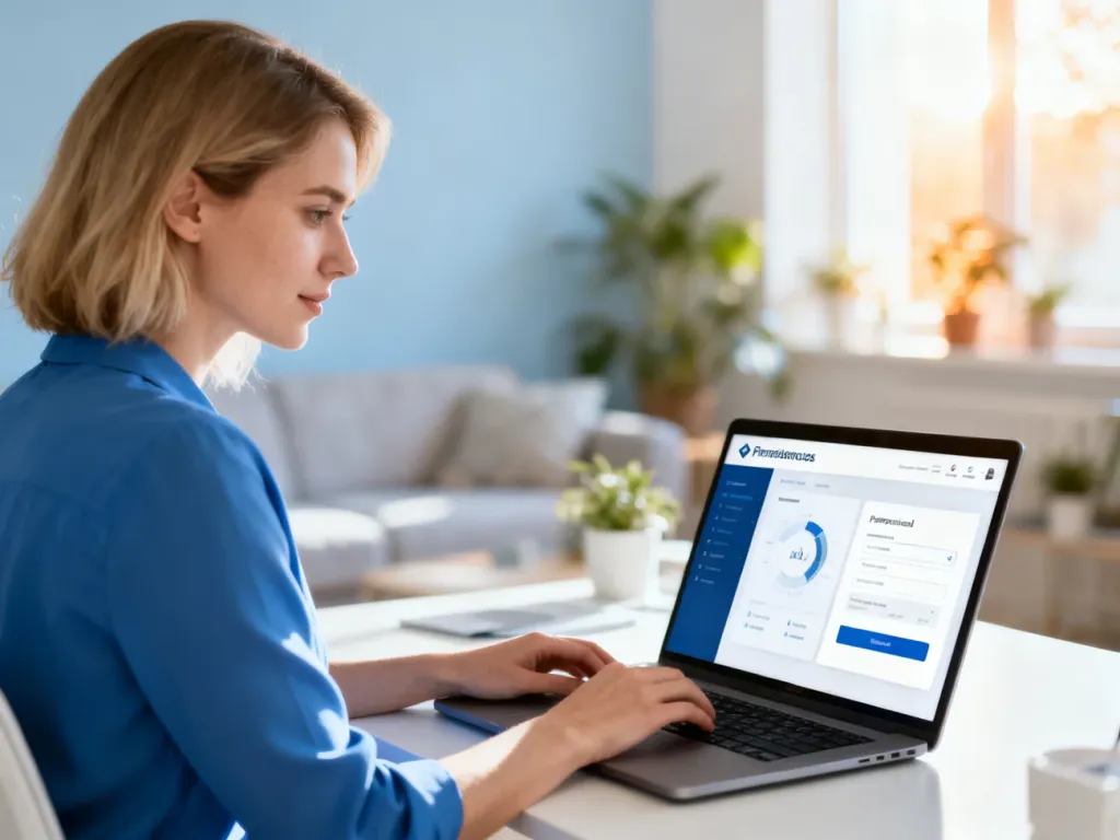Kobieta pracująca przy laptopie w jasnym domowym biurze, korzystająca z panelu klienta online.
