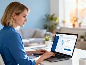 Kobieta pracująca przy laptopie w nowoczesnym biurze, zarządzająca ustawieniami konta online.