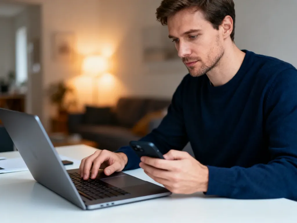 Mężczyzna przy biurku korzystający z laptopa i smartfona w nowoczesnym domowym biurze.