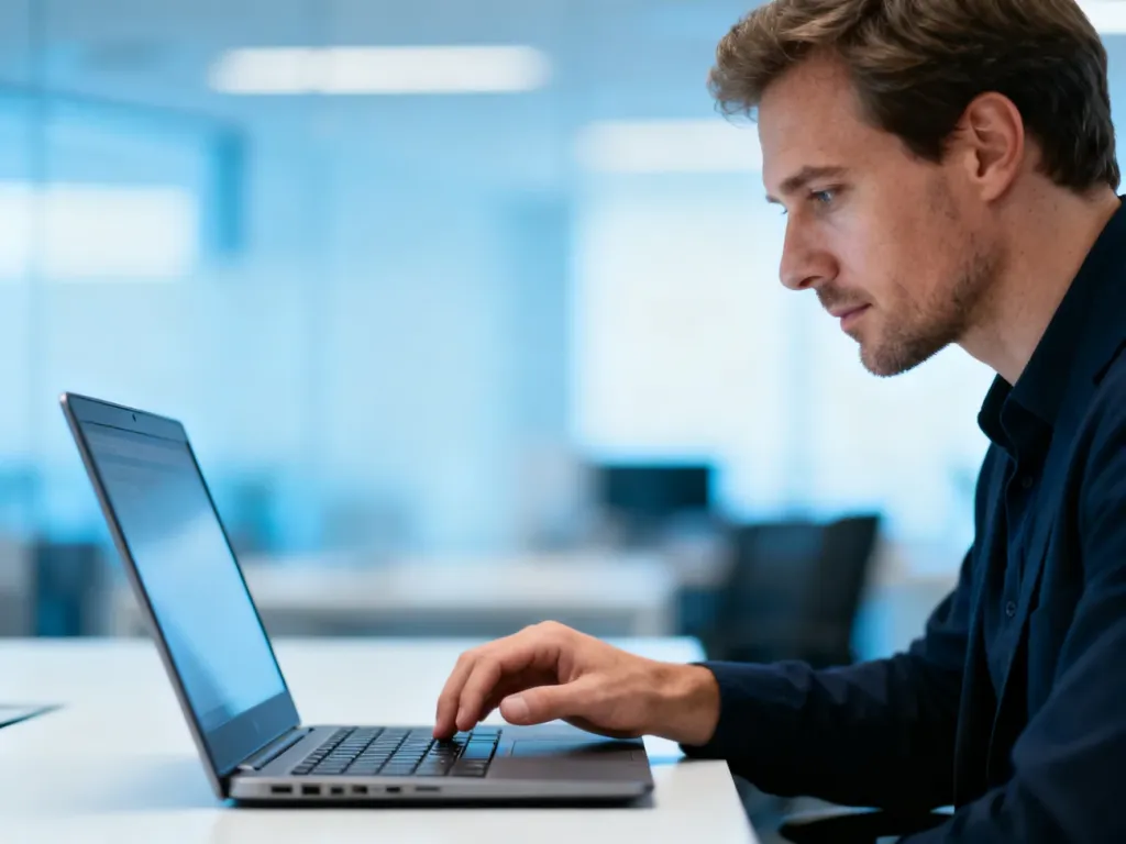 Mężczyzna pracujący przy laptopie w nowoczesnym biurze, skupiony na obsłudze systemu komputerowego.