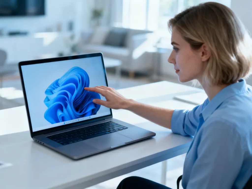 Kobieta pracująca przy laptopie w nowoczesnym biurze domowym, korzystająca z interfejsu projektowego.