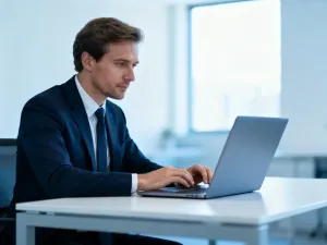 Profesjonalista przy laptopie w nowoczesnym biurze, korzystający z bezpiecznego panelu klienta.