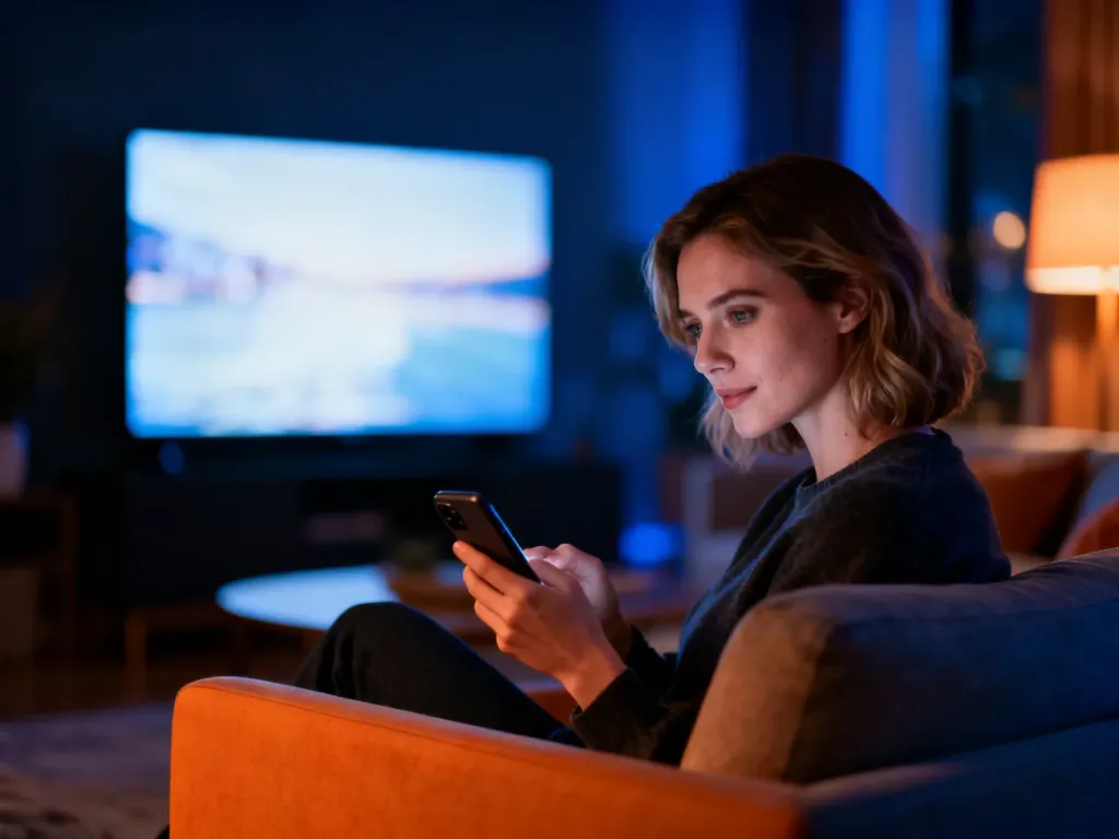 Kobieta siedząca na kanapie z telefonem w dłoni, przygotowująca się do logowania w serwisie Netflix na telewizorze.