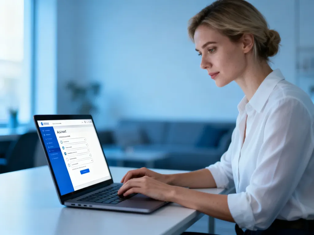 Kobieta pracująca przy laptopie w nowoczesnym biurze, zarządzająca ustawieniami konta online.